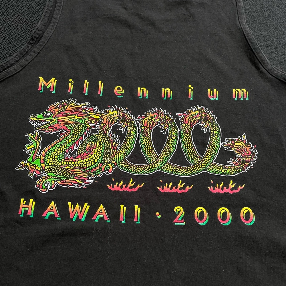 VTG Y2K Happy Shirts black Millennium 2000 Hawaii dragon graphic tank sz XL